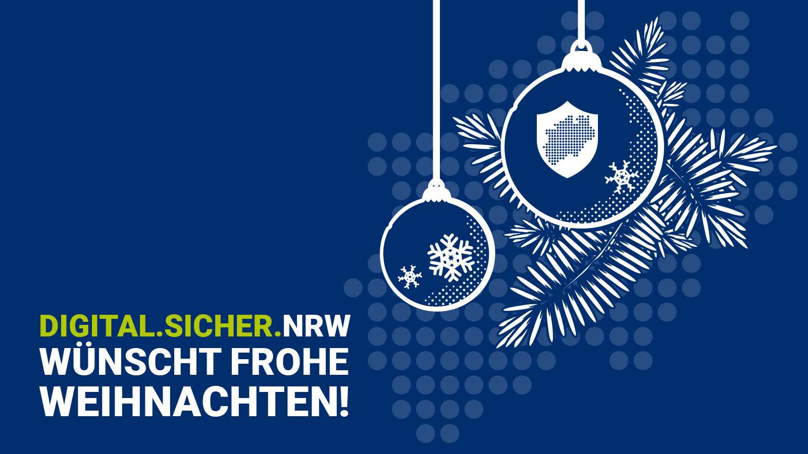 Weihnachtskugeln und Mistelzweige auf einem blauen Grund mit Weihnachtsgrüßen