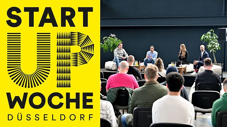 STARTUP WOCHE – Düsseldorf - Logo mit Bild von einer Paneldiskussion