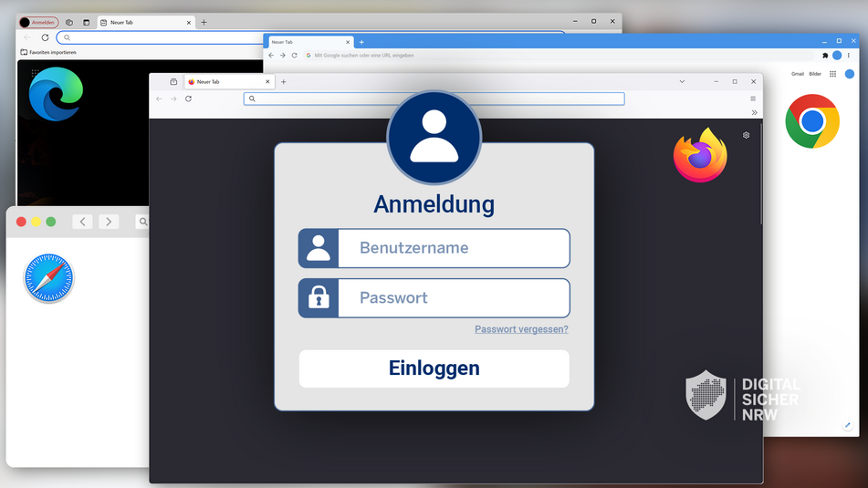 Eine Anmeldemaske, mit der Benutzername und Passwort abgefragt wird, liegt vor verschiedenen Browserfenstern.